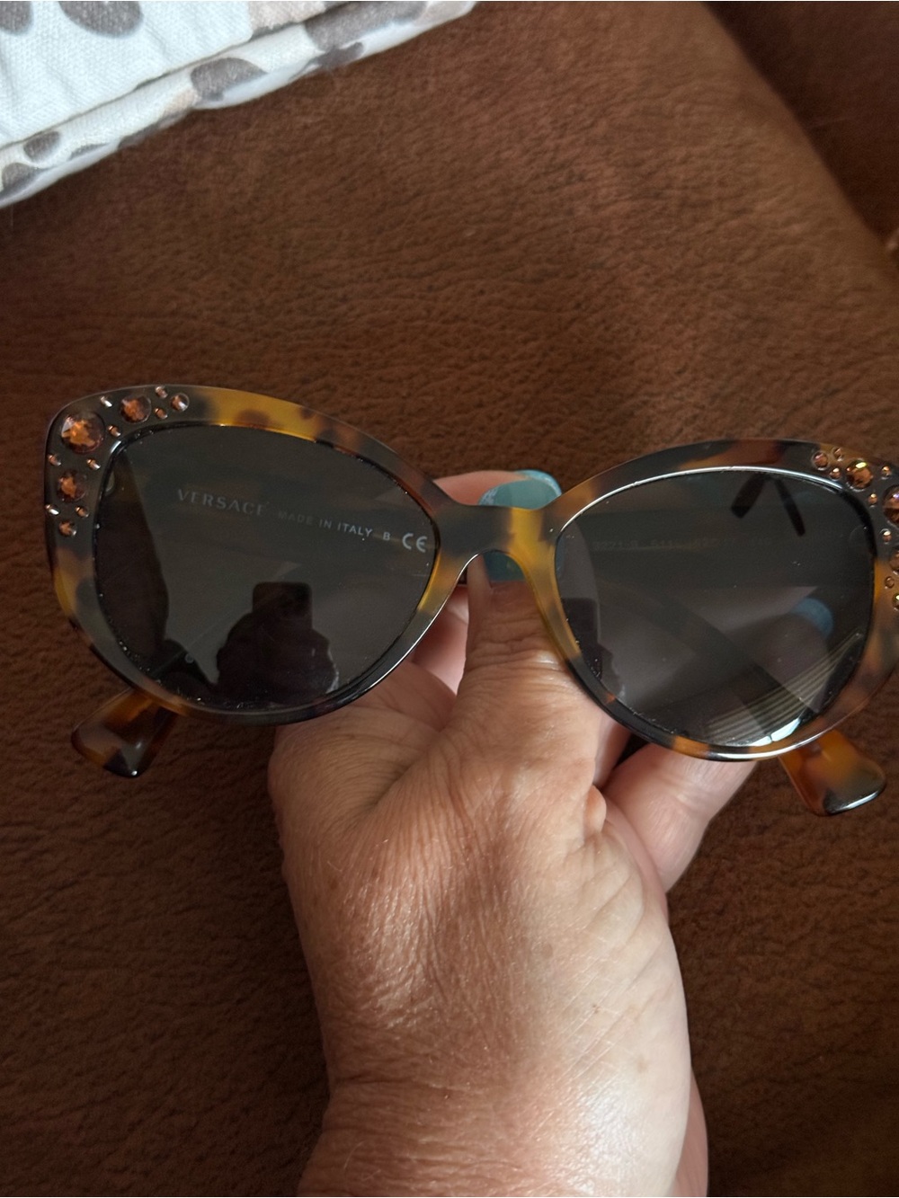 Versace Tortoiseshell Cat-Eye Sunglasses with Rhinestone Detail - Brown - Picture 7 of 7